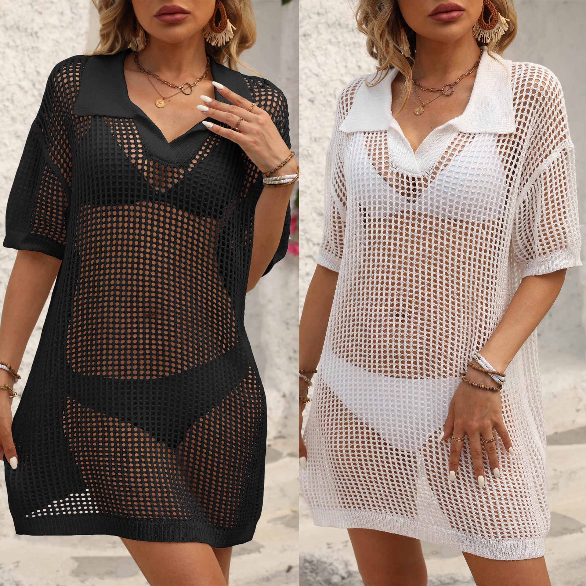 Damen luftiger Netz-Strandüberwurf mit Polo-Kragen R&B