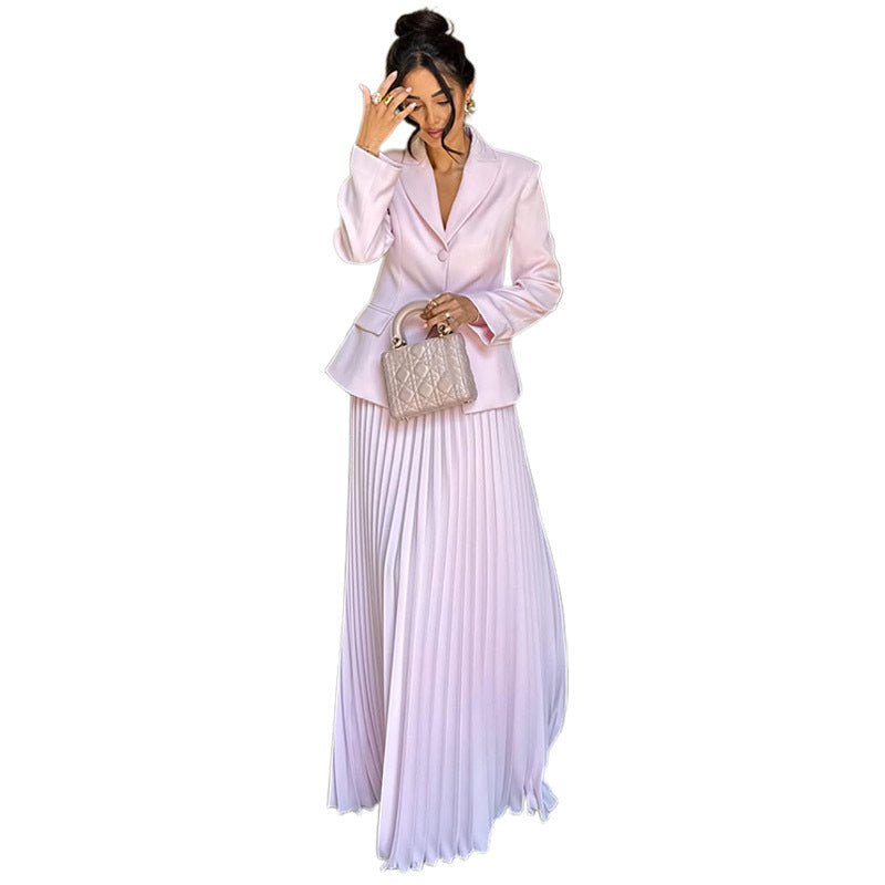Damen elegantes gefüttertes Blazer-Set mit plissiertem Rock R&B