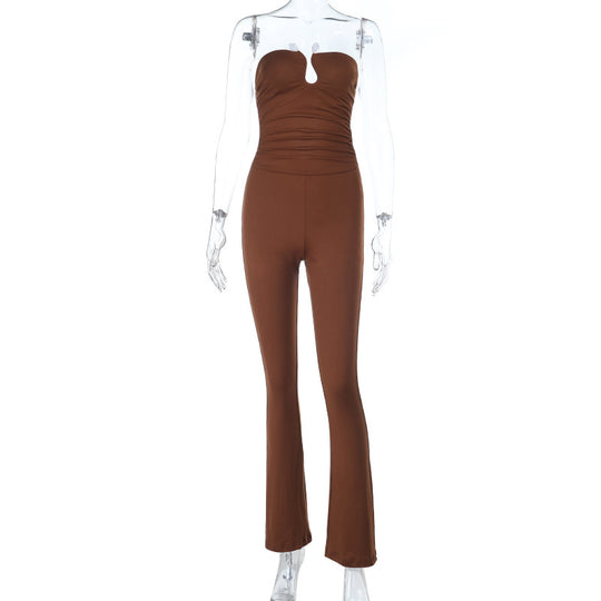 Damen eleganter schulterfreier Jumpsuit mit tiefem Schlüssel-Ausschnitt und figurbetontem Schnitt R&B