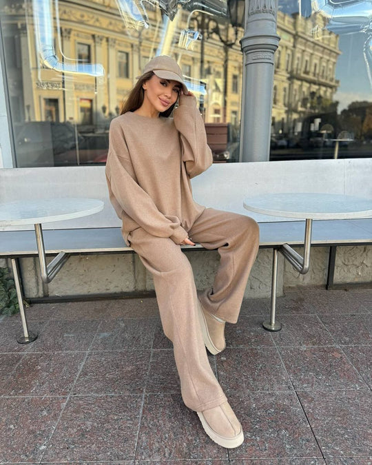 Damen lässiges Fleece-Loungewear-Set mit weichem Oversized-Pullover und bequemen Hosen R&B