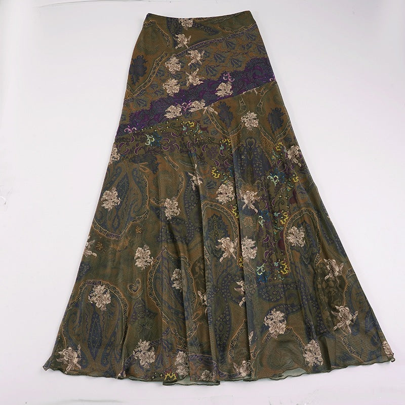 Damen Langer, eleganter Rock im Vintage-Stil mit floralem Muster und fließendem Schnitt R&B