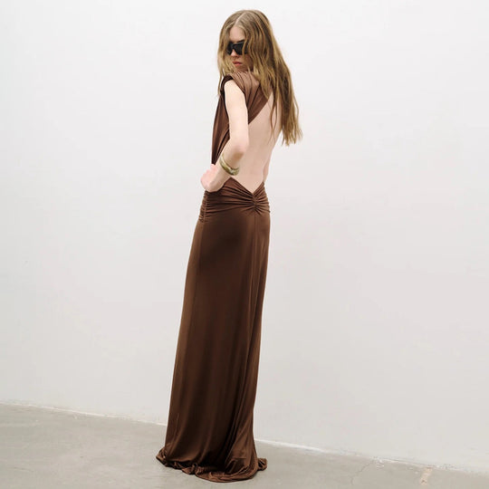 Damen elegantes Maxikleid mit tiefem V-Ausschnitt und drapiertem Bund R&B