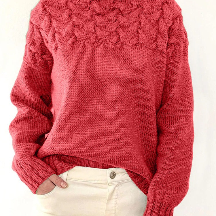 Damen Strickpullover mit hochgeschlossenem Kragen und trendigem Zopfmuster R&B