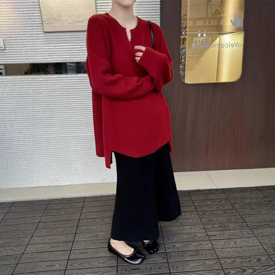 Damen eleganter Pullover mit V-Ausschnitt und langen Ärmeln R&B
