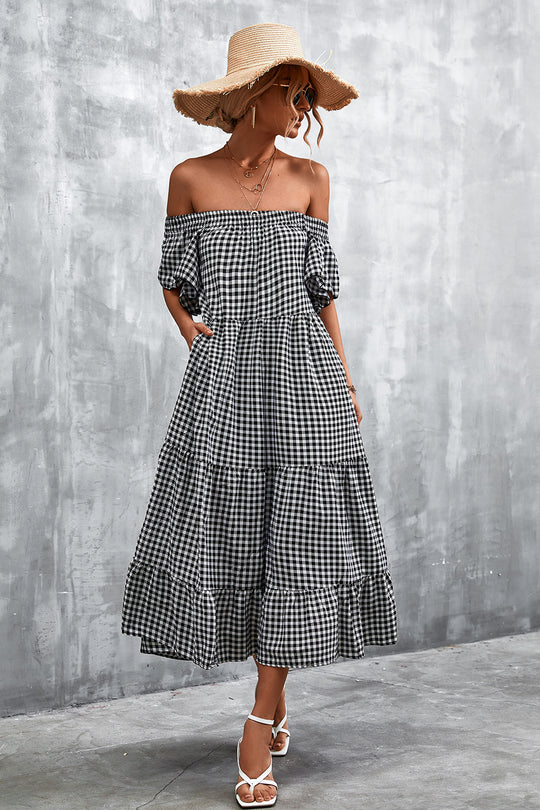 Damen Fließendes Maxikleid mit off-shoulder Design und Rüschensaum R&B