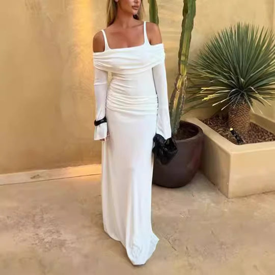 Damen Elegantes Maxikleid mit schulterfreiem Design und Raffungen R&B