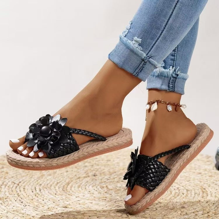 Damen modische Slide-Sandalen mit hochglänzendem Blumendetail R&B