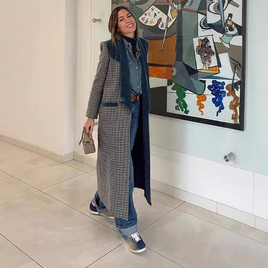 Damen eleganter längerer Blazer mit feinem Karomuster und flauschigem Kragen R&B