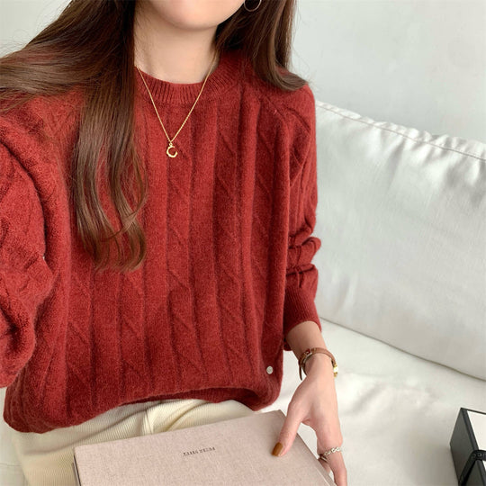 Damen Grob gestrickter Sweater mit Rundhalsausschnitt und lässiger Passform R&B