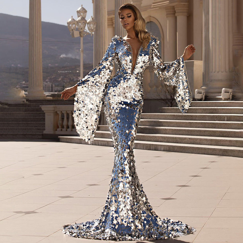 Damen Glamouröses Pailletten Abendkleid mit tiefem V-Ausschnitt und langen Ärmeln R&B