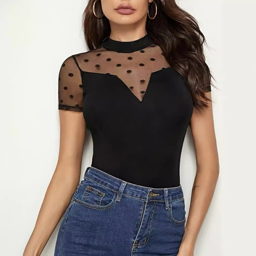 Damen Bodysuit mit transparenten Punkten und hochgeschlossenem Kragen R&B