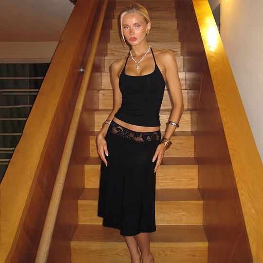 Damen elegantes Trägerkleid mit Spitzenakzent und fließendem Schnitt R&B