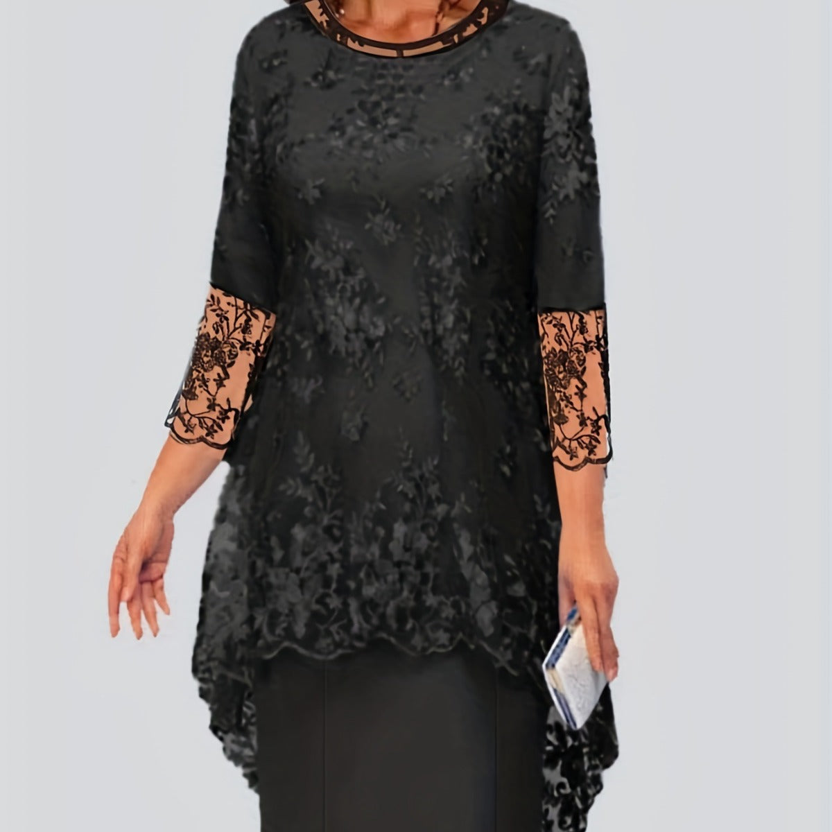 Damen Elegantes Blusen-Kleid mit floralen Spitze-Ärmeln und schwingendem Saum R&B