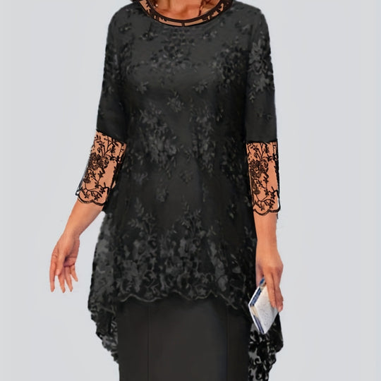 Damen Elegantes Blusen-Kleid mit floralen Spitze-Ärmeln und schwingendem Saum R&B