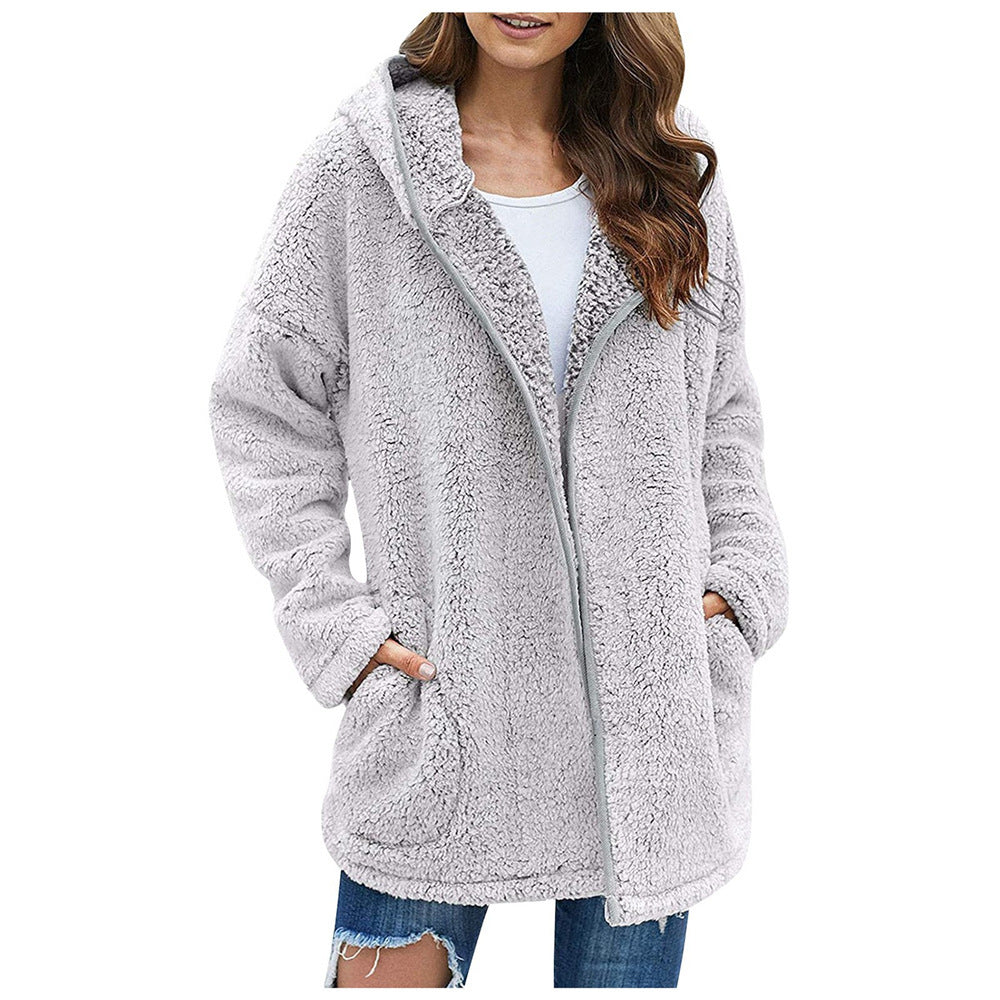 Damen Flauschige Kapuzenjacke im oversized Schnitt mit Eingrifftaschen und Reißverschluss R&B