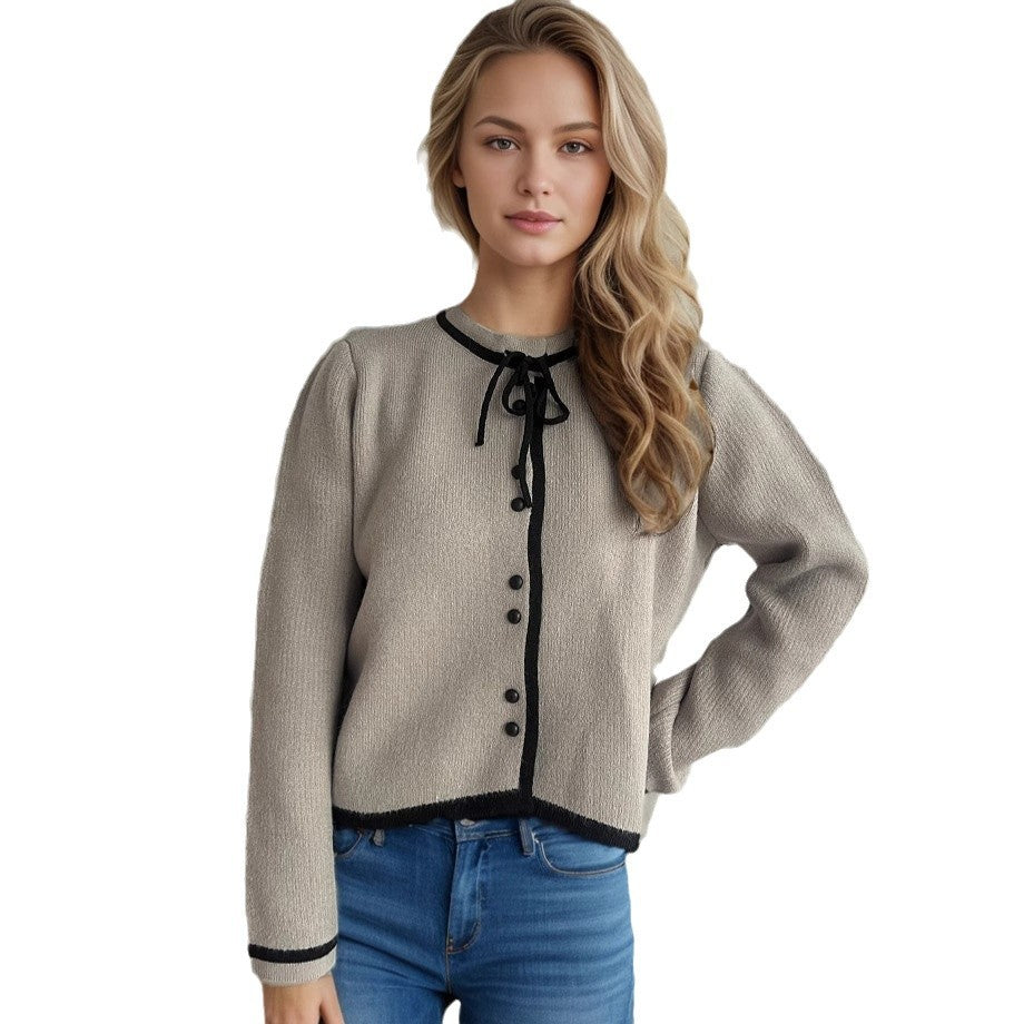 Damen kuschelige Strickjacke mit dekorativen Knopfdetails und Bindeverschluss R&B