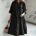 Damen nan locker fallendes A-Linien Kleid mit V-Ausschnitt-Knopfleiste, 3/4-Ärmeln und aufgesetzten Eingrifftaschen R&B