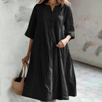 Damen nan locker fallendes A-Linien Kleid mit V-Ausschnitt-Knopfleiste, 3/4-Ärmeln und aufgesetzten Eingrifftaschen R&B