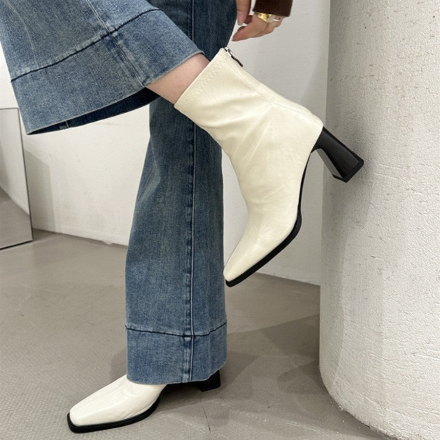 Damen Trendige Ankle Boots mit hohem Blockabsatz und edler Lederoberfläche R&B