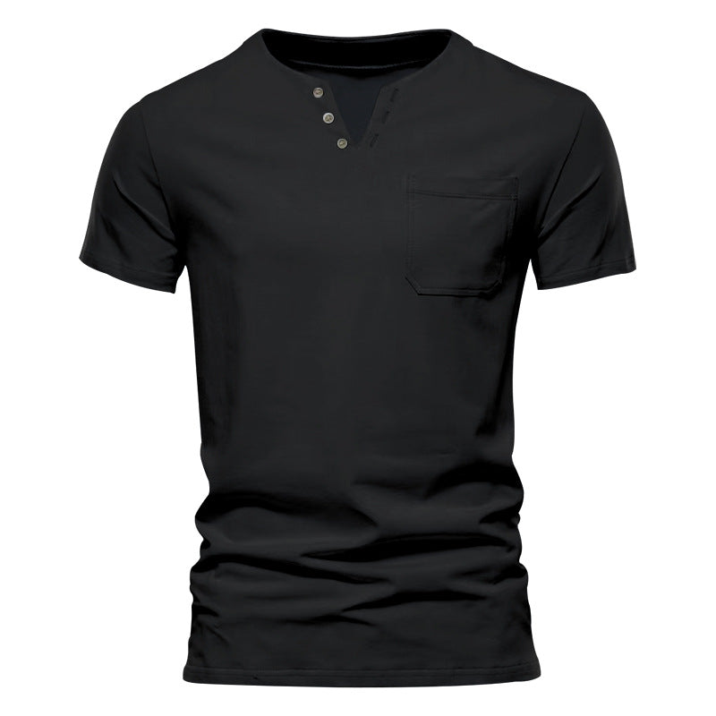 Herren Kurzarm-Henley-T-Shirt mit praktischer Brusttasche und anpassbarem Knopfverschluss R&B