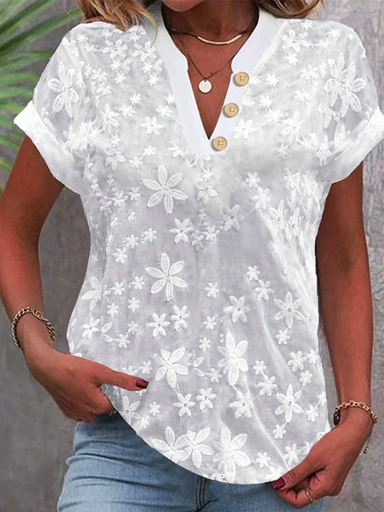 Damen Bluse mit floralem Stickmuster und klassischem V-Ausschnitt R&B