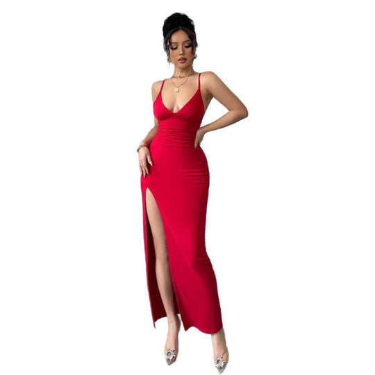 Damen Maxikleid mit seitlichem Schlitz und Spaghetti-Trägern R&B