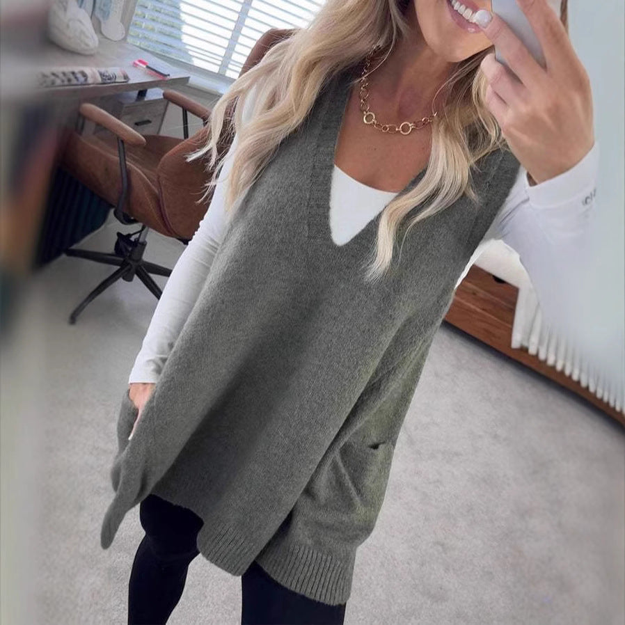 Damen Bequemer Strick-Poncho mit seitlichen Taschen R&B