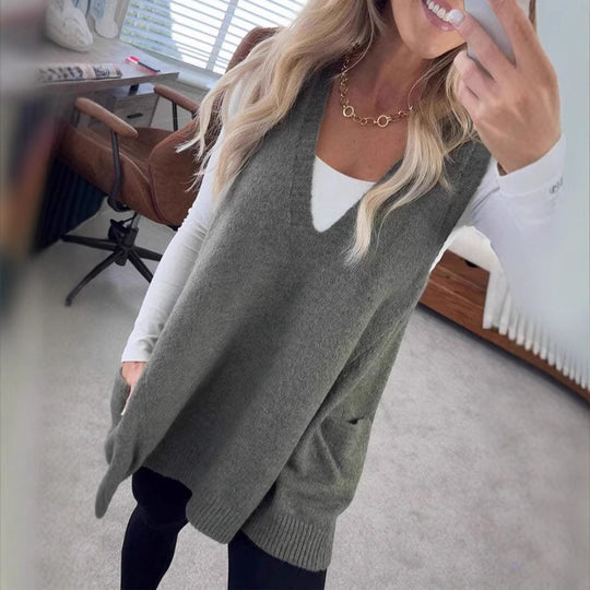 Damen Bequemer Strick-Poncho mit seitlichen Taschen R&B