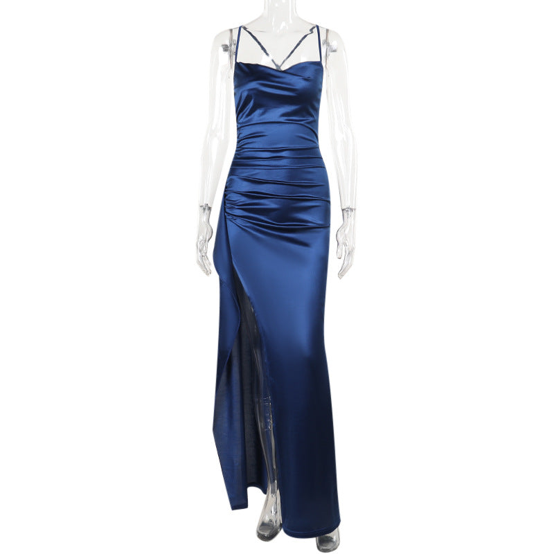 Damen elegantes Satin-Kleid mit tiefem Schlitz und verstellbaren Spaghetti-Trägern R&B