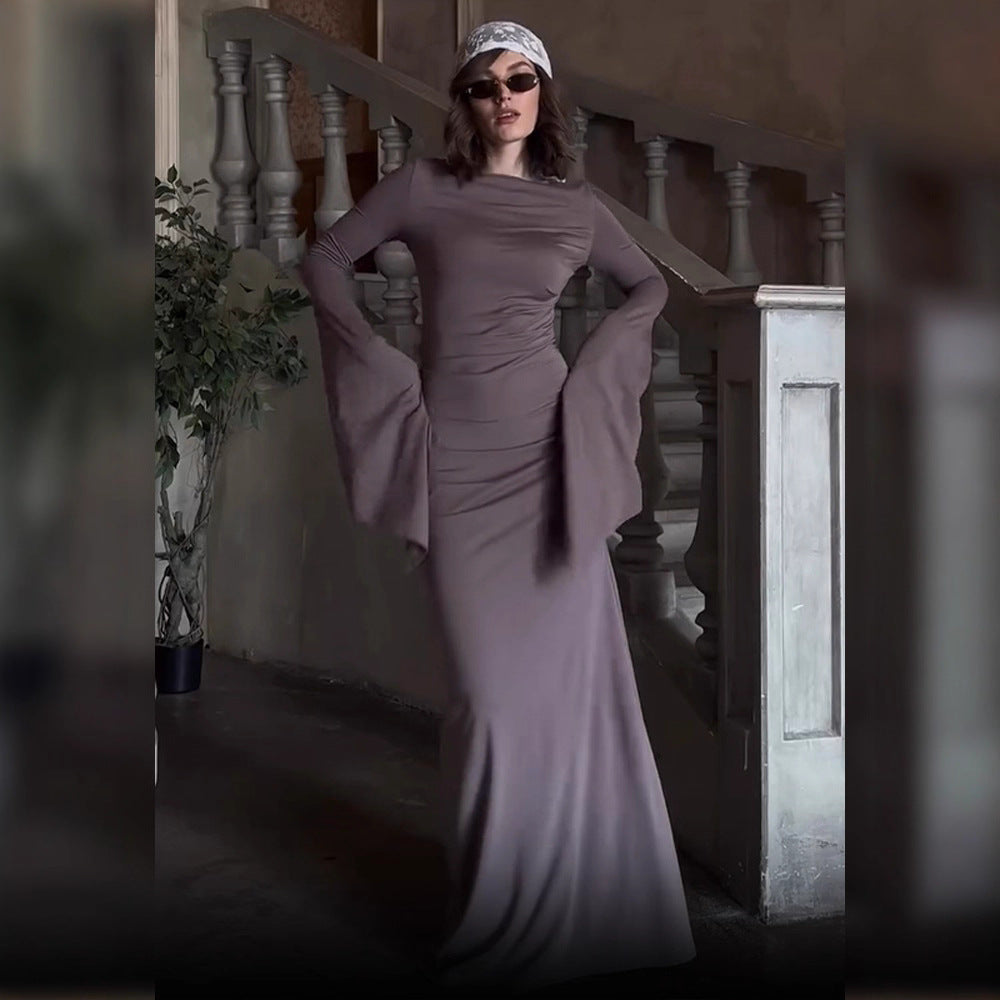 Damen elegantes Maxi-Kleid mit schwingenden Ärmeln und raffinierten Drapierungen R&B
