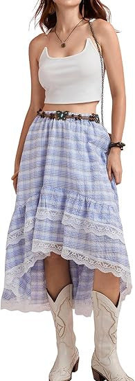 Damen Boho Maxi-Rock mit asymmetrischem Saum und Spitzenverzierungen R&B