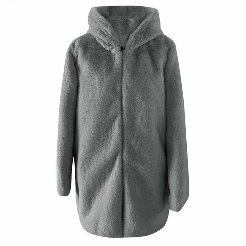 Damen Flauschige Kapuzenjacke aus Kunstfell mit dekorativem Schnitt R&B