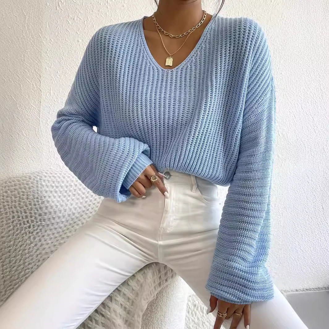 Damen lässiger Sweater mit weitem V-Ausschnitt und langen Ärmeln R&B