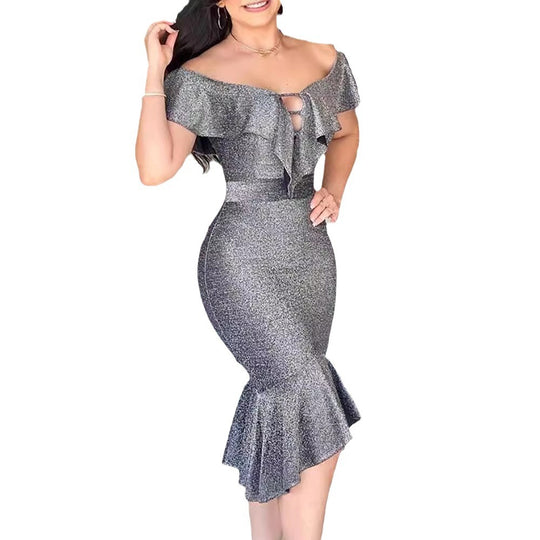 Damen figurbetontes Abendkleid mit Volant und Off-Shoulder Design R&B