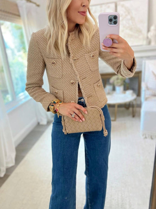 Damen elegante Tweed-Jacke mit Fransen und dekorativen Knöpfen R&B