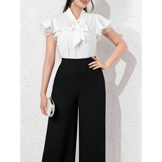 Damen Bluse mit Rüschenärmeln und feminine Schleife R&B