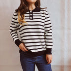 Damen legerer Streifenpullover mit Knopfleiste und weitem Schnitt R&B