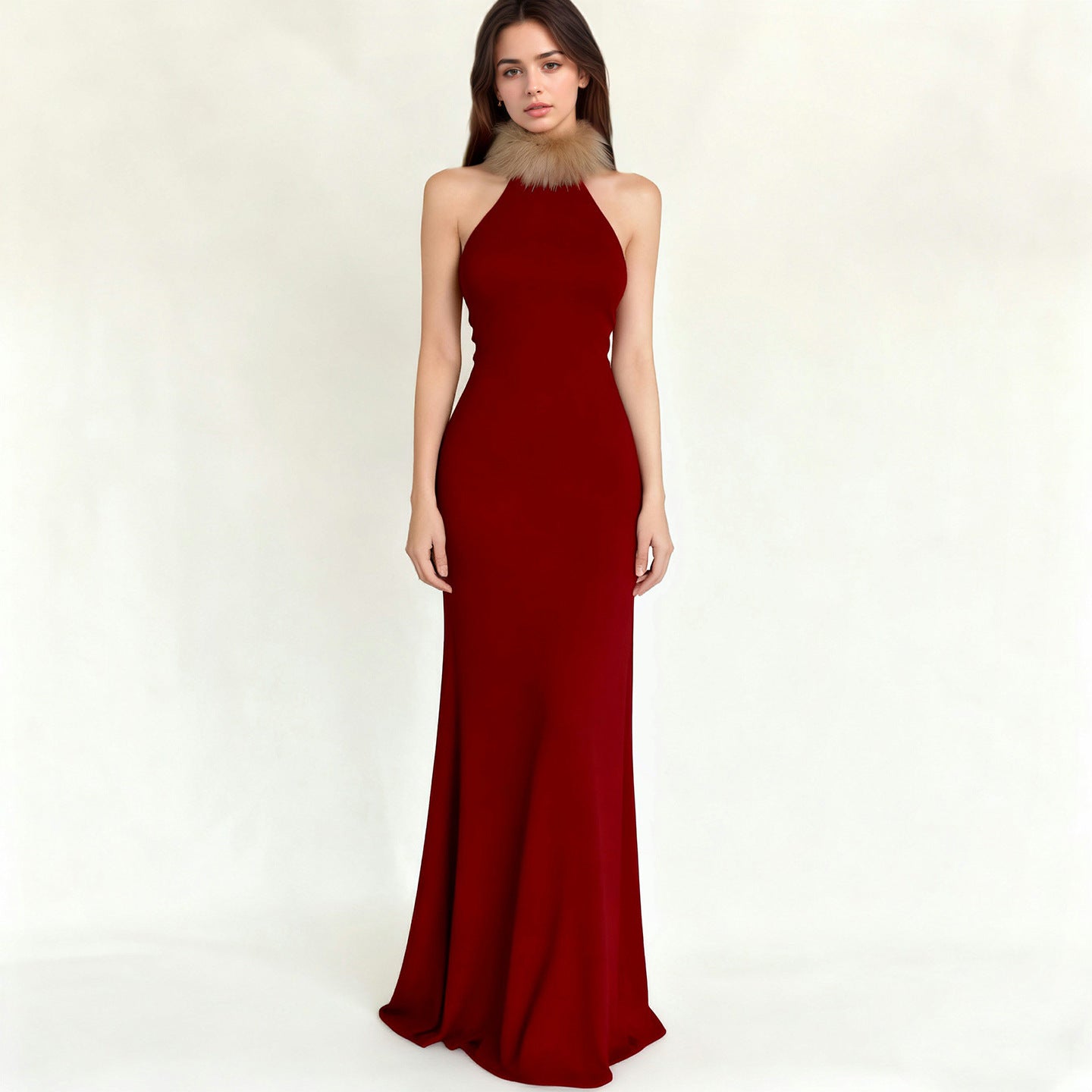 Damen Elegantes Maxikleid mit luxuriösem Kunstpelzkragen R&B