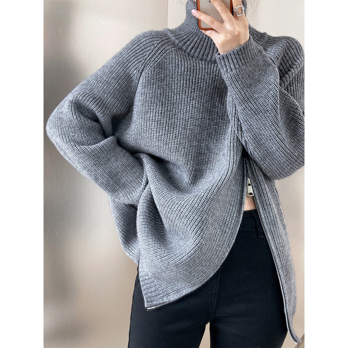 Damen lässiger Strickpullover mit seitlichem Reißverschluss und hohem Kragen R&B