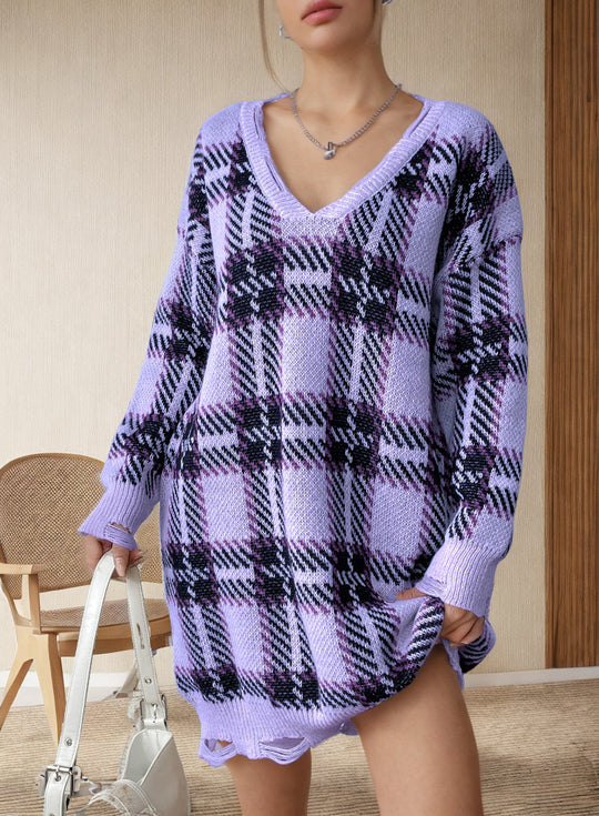 Damen Grobstrickpullover im modischen Karomuster R&B