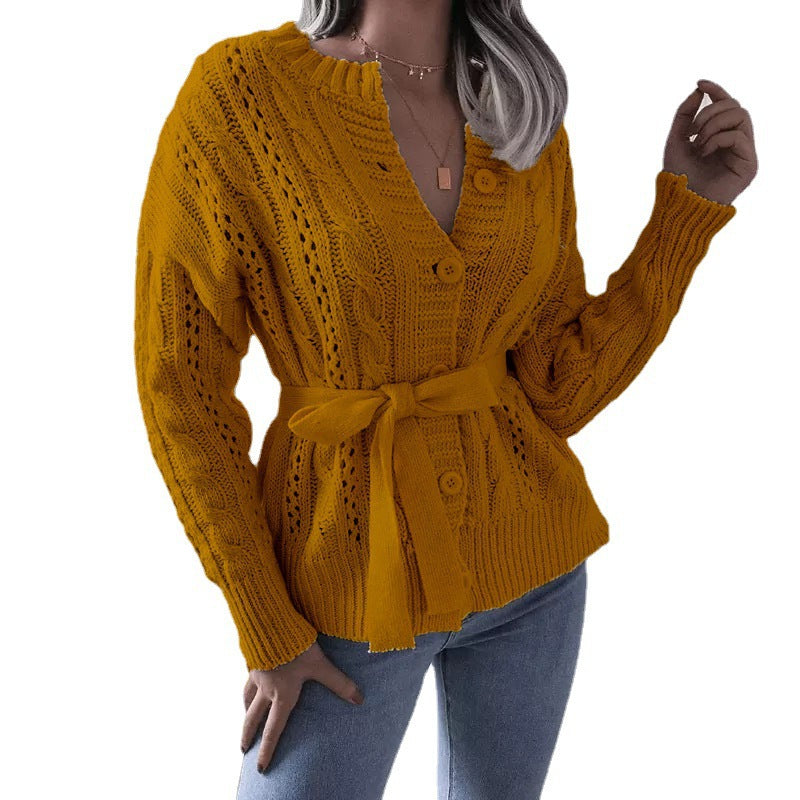 Damen Strickjacke mit Taillengürtel und raffinierten Lochmustern R&B