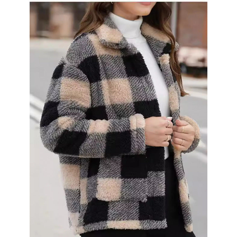 Damen kuschelige Plüschjacke mit Karomuster R&B