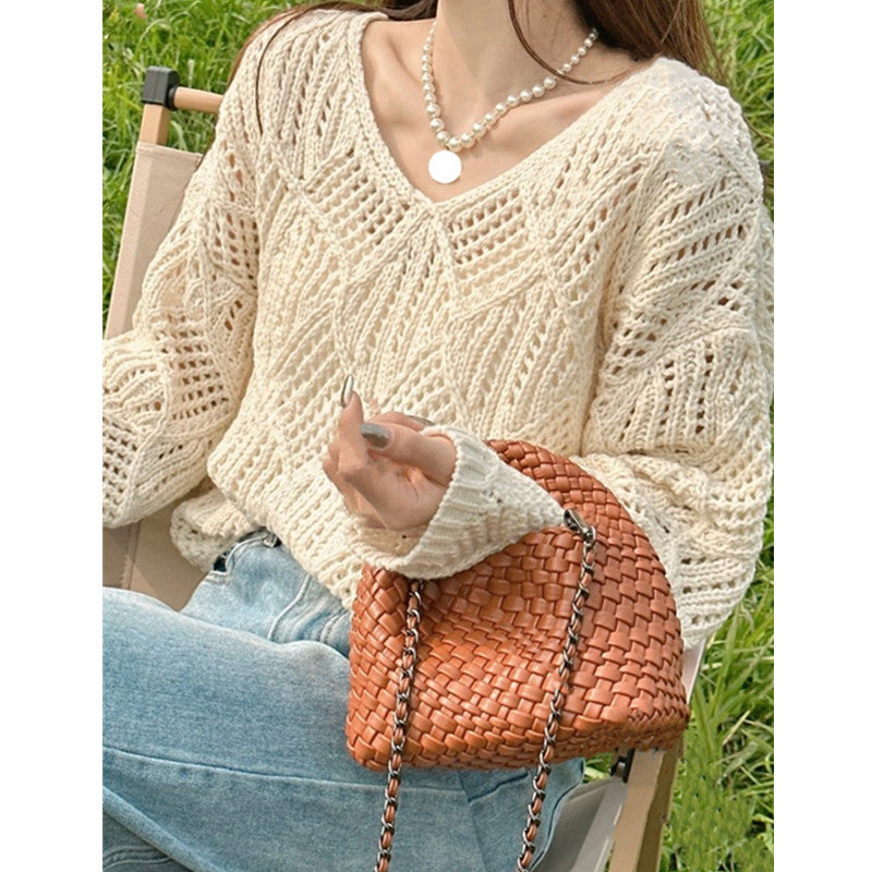 Damen Grobstrick Pullover mit innovativem Lochmuster und lässigem Schnitt R&B