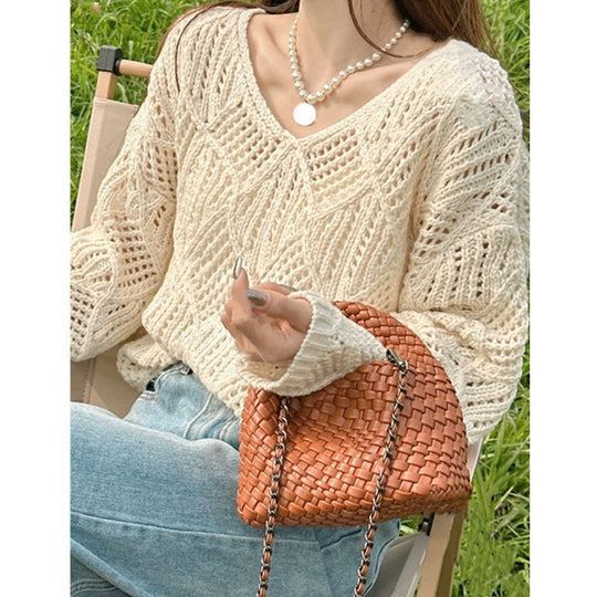 Damen Grobstrick Pullover mit innovativem Lochmuster und lässigem Schnitt R&B