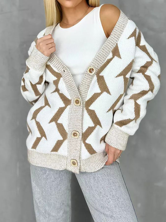Damen gemütlicher Strickcardigan mit modernem Blitze-Design und Knopfverschluss R&B