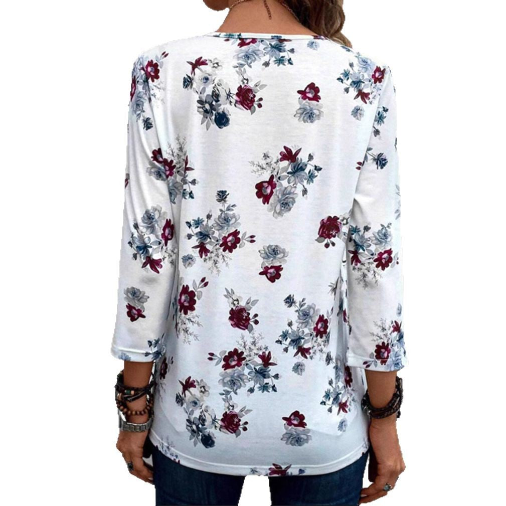 Damen nan florale Tunika-Bluse mit Kellerfalten und Zierknopfleiste R&B