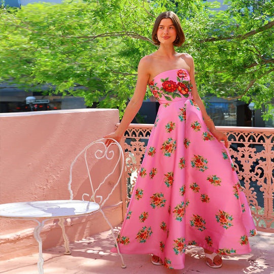 Damen Ballkleid mit floralem Oberteil und schwingendem Rock R&B