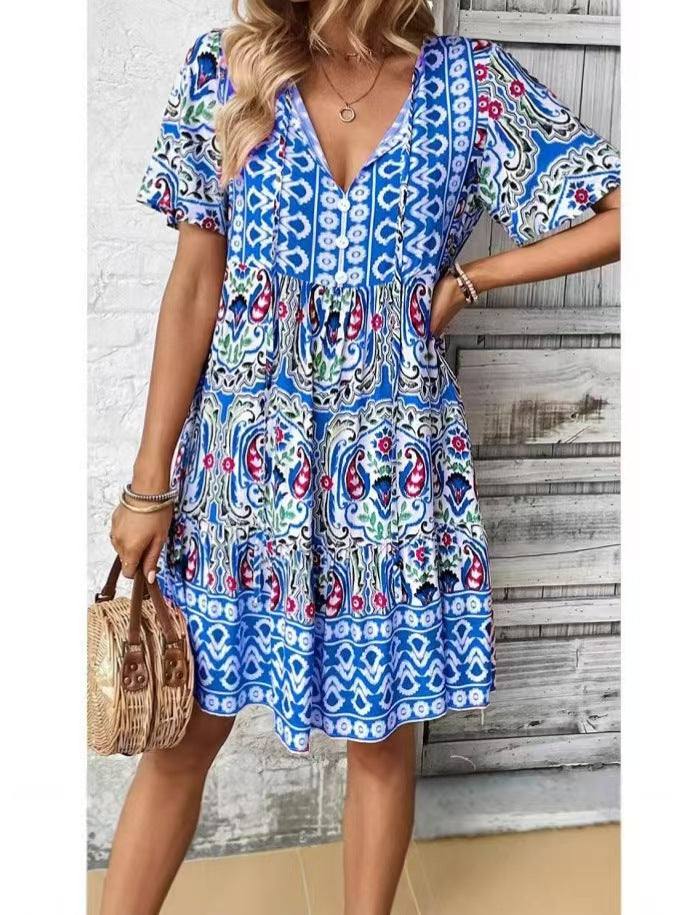 Damen Sommerliches Minikleid mit V-Ausschnitt und voluminösen Ärmeln R&B