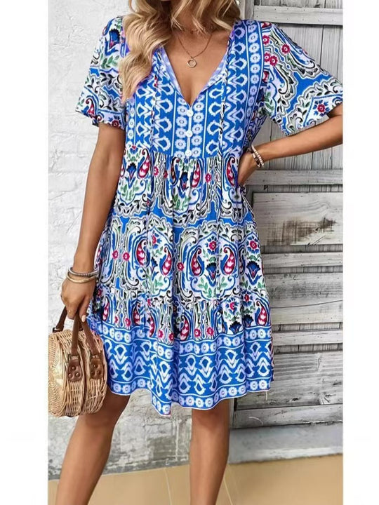 Damen Sommerliches Minikleid mit V-Ausschnitt und voluminösen Ärmeln R&B