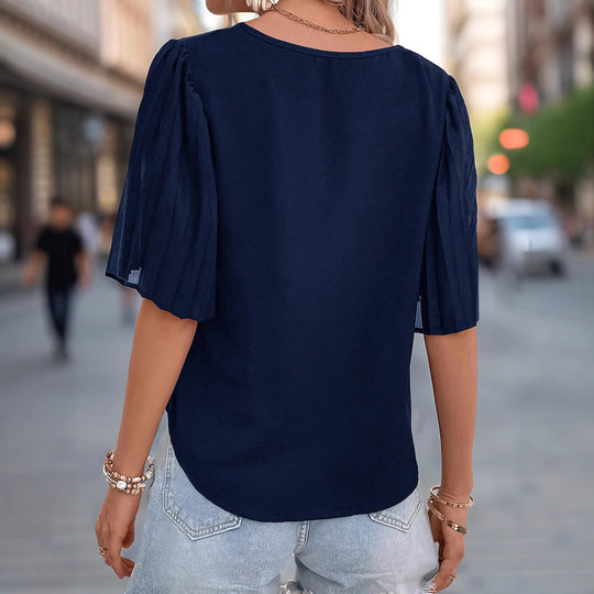 Damen elegantes Kurzarmoberteil mit plissiertem Volant und V-Ausschnitt R&B